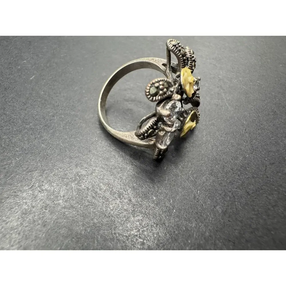 Vintage CFJ Thai Mother Of Pearl Marcasite CZ Sterling Silver 925 Ring Size 7.5